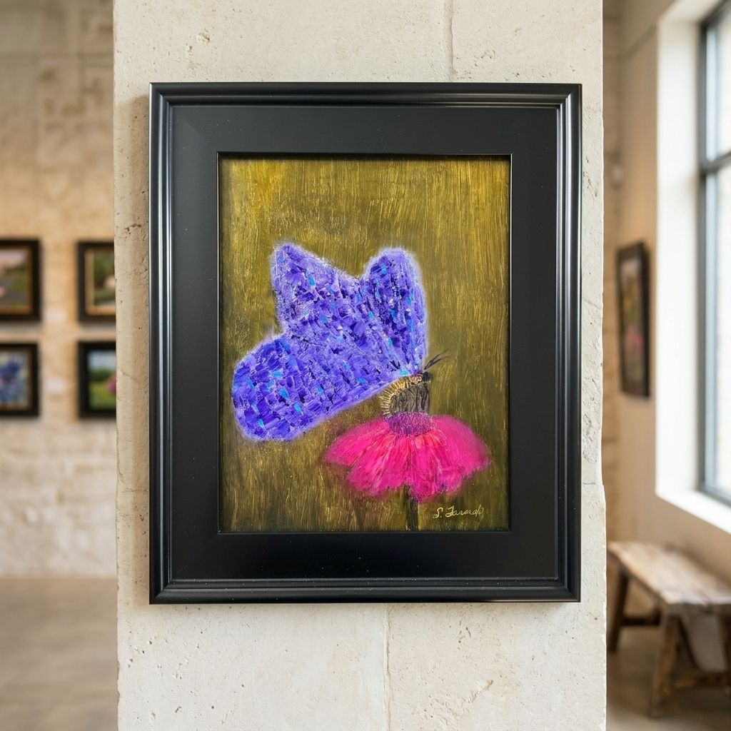 Close-up of 'The Lavender Traveler' oil painting highlighting impasto texture, lavender wings, magenta blossom on textured wall.