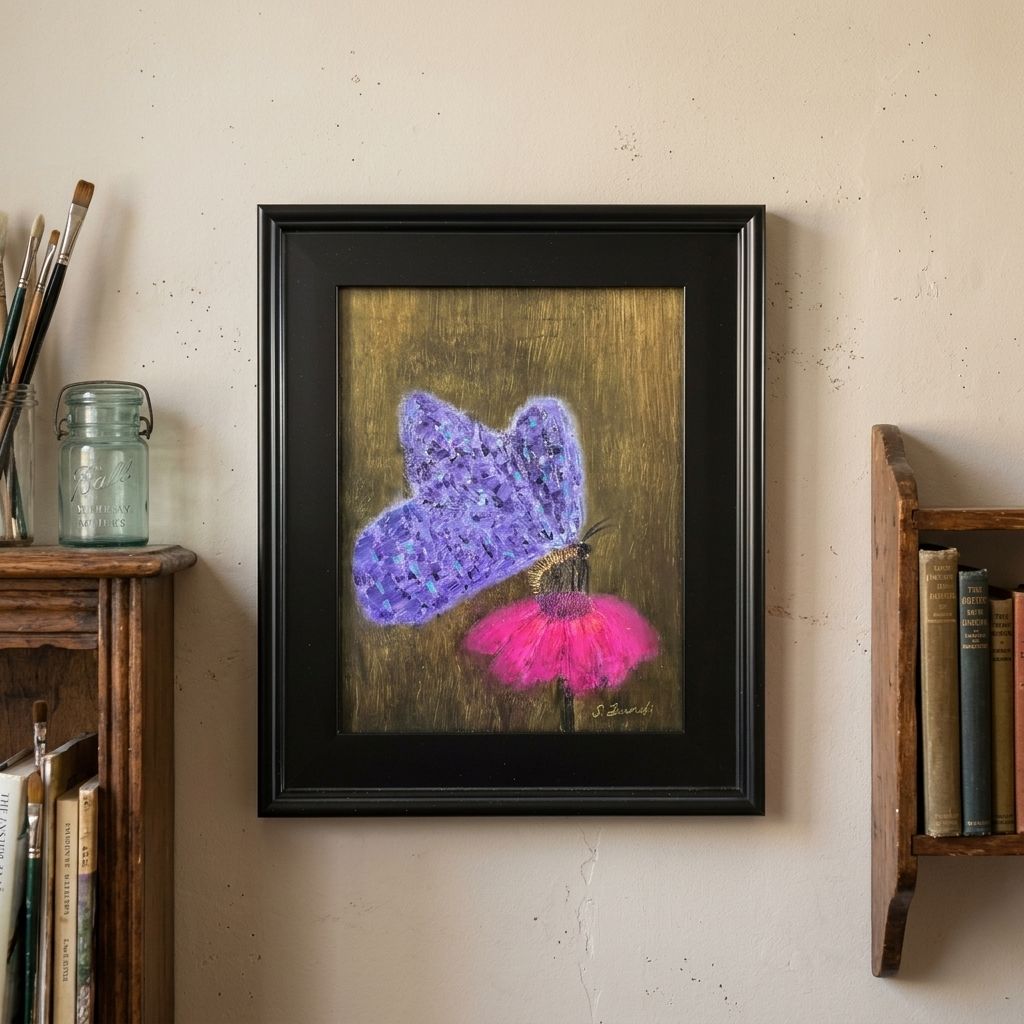 'The Lavender Traveler' in a warm corner, detailed view of luminous lavender wings, magenta blossom, textured surface and rich oil finish.