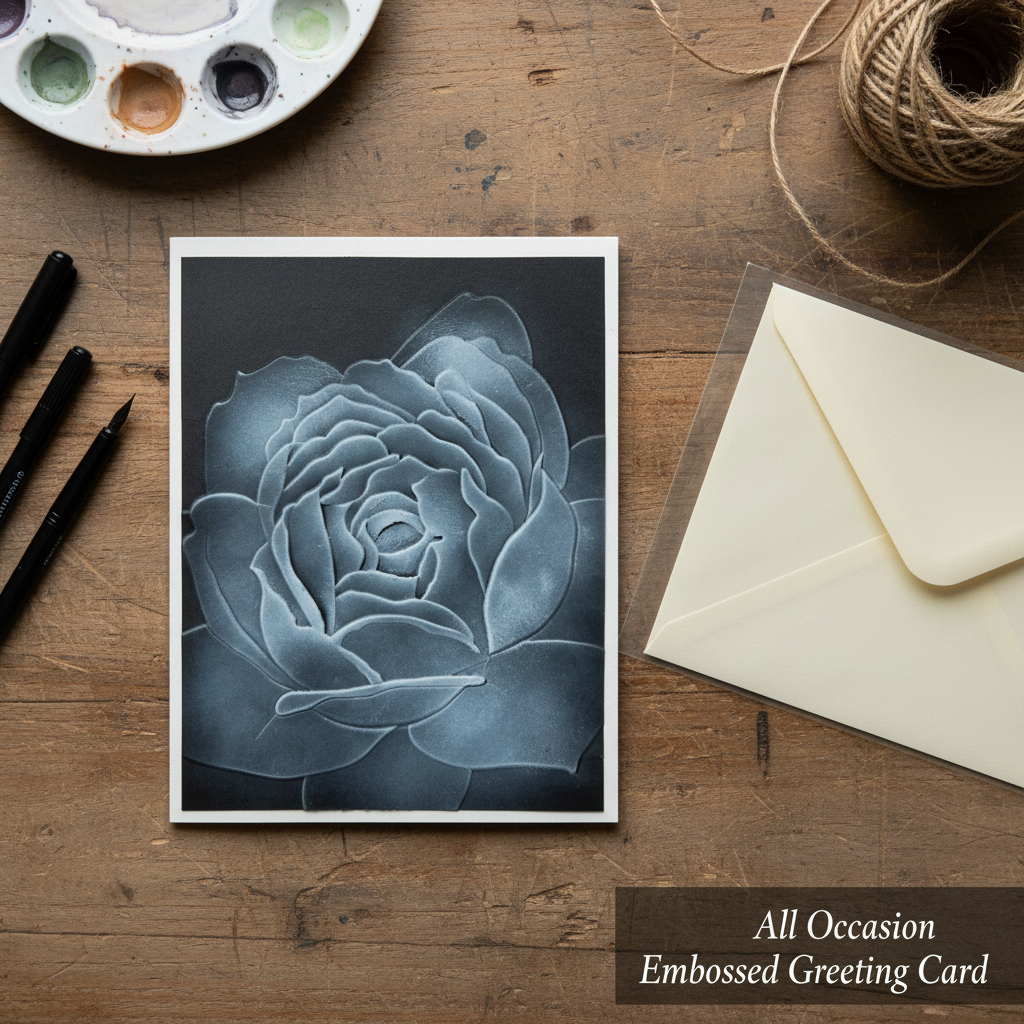 You will be generating high-quality product photos for an online stores product page. The product images should closely match the original products.
      Here is the prompt (IMPORTANT!): """An overhead shot of the handcrafted embossed greeting card lying 