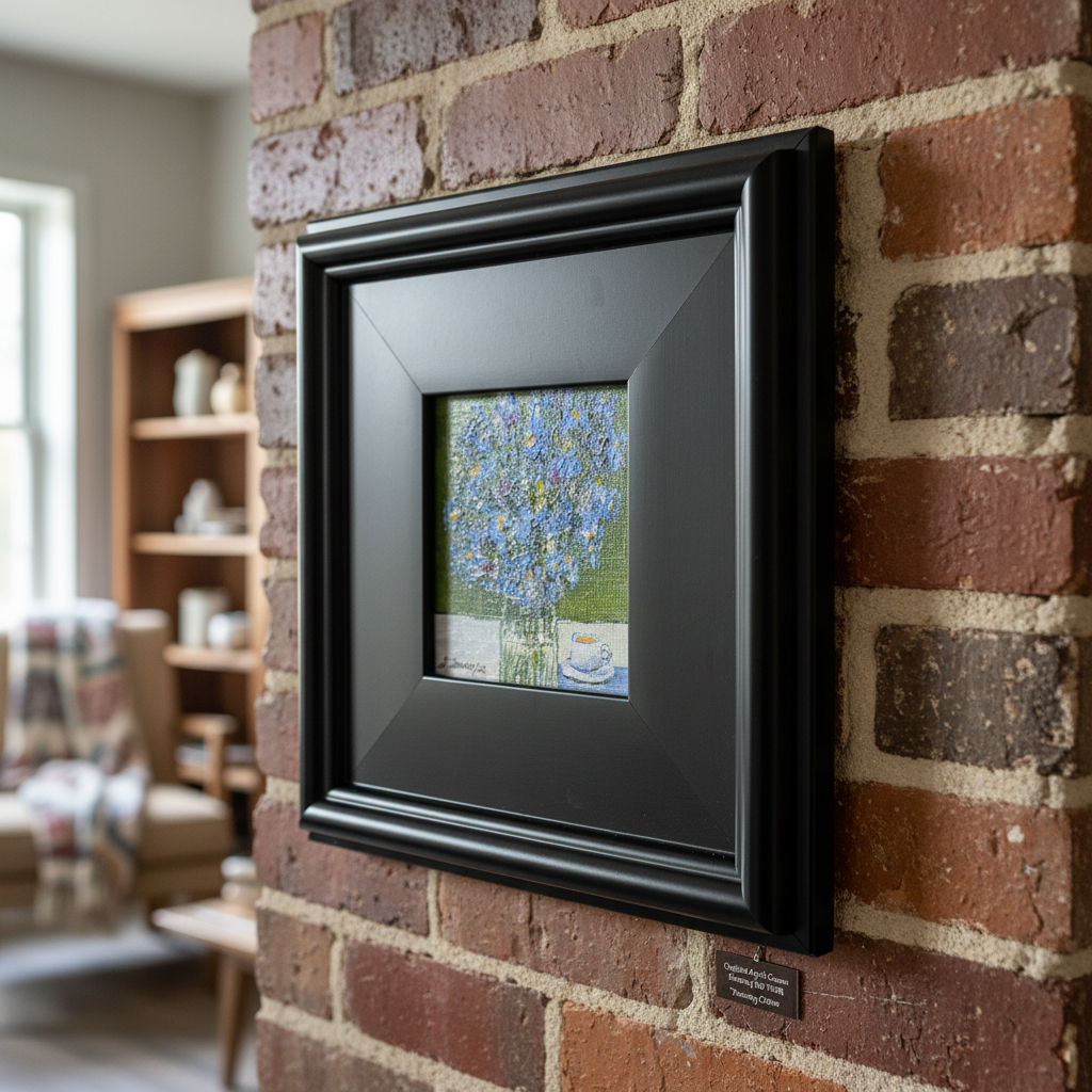 Design an elegant product showcase featuring the 'Morning Coffee' painting propped against a rustic brick wall illuminated by diffused daylight. Use a macro lens with a 100mm focal length to highlight the textured acrylic surface and the rich, warm hues of
