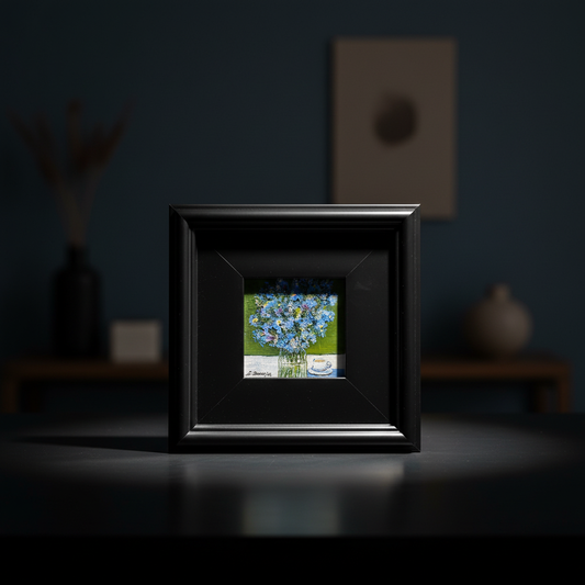 Set up a high-contrast, studio-style product shoot of the 'Morning Coffee' acrylic canvas painting in a darkened room lit by HDR studio lighting. Use a 70mm telephoto lens to isolate the framed art, emphasizing the vivid colors and textured brushstrokes on