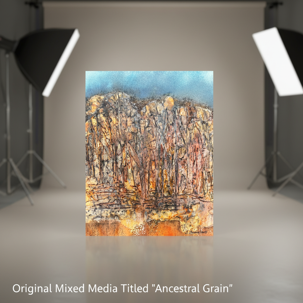 A highly detailed studio shot of the 'Ancestral Grain' mixed media artwork, positioned centrally on a sleek, neutral background. The scene is illuminated with softbox lighting to enhance the textured relief and earthy watercolor tones, with a shallow depth