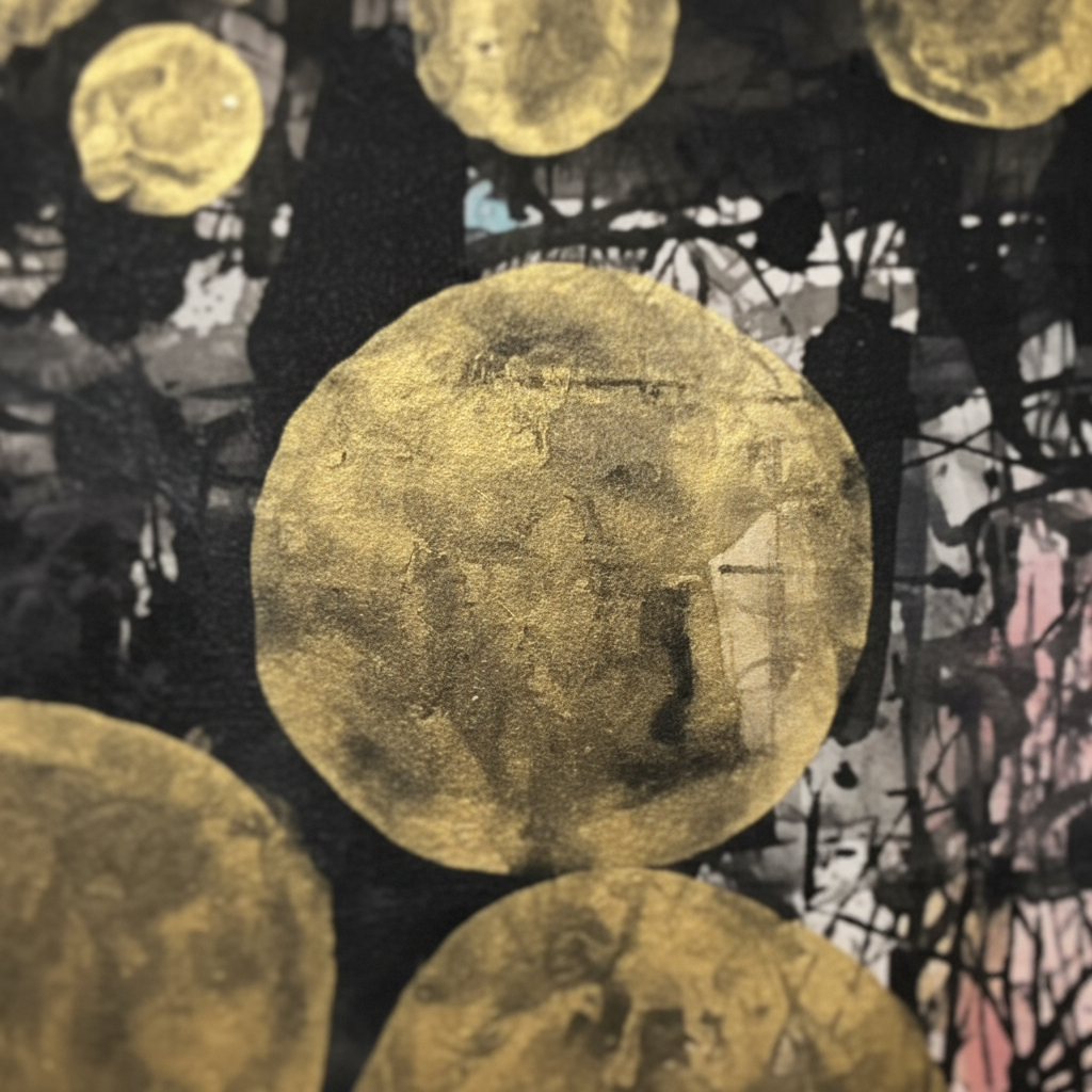 A high-resolution studio shot of the 'Harmony in Chaos' mixed media artwork, captured with a Canon RF 85mm lens at f/2.8, featuring softbox lighting to enhance the details. The piece is mounted on a neutral gray backdrop, highlighting its vibrant use of In