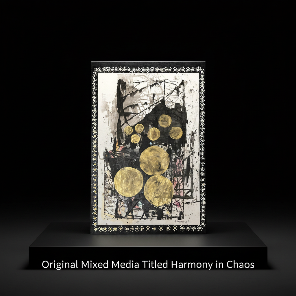 A clean, product-focused shot of the 'Harmony in Chaos' mixed media piece, framed with a 50mm lens at f/1.8 for a perfectly focused foreground. The artwork is placed on a matte black platform under HDR studio lighting that accentuates the contrast between 