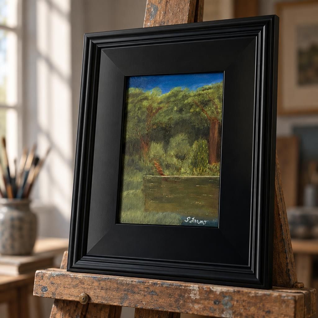 Small original oil painting in a black frame propped up on an aged oak easel.